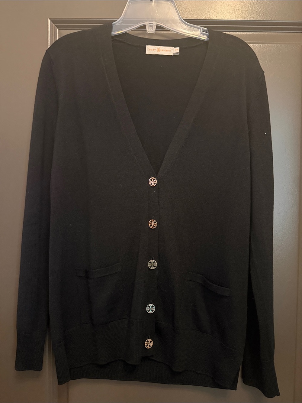 Tory Burch Black V-Neck Logo-Button Cardigan Wool